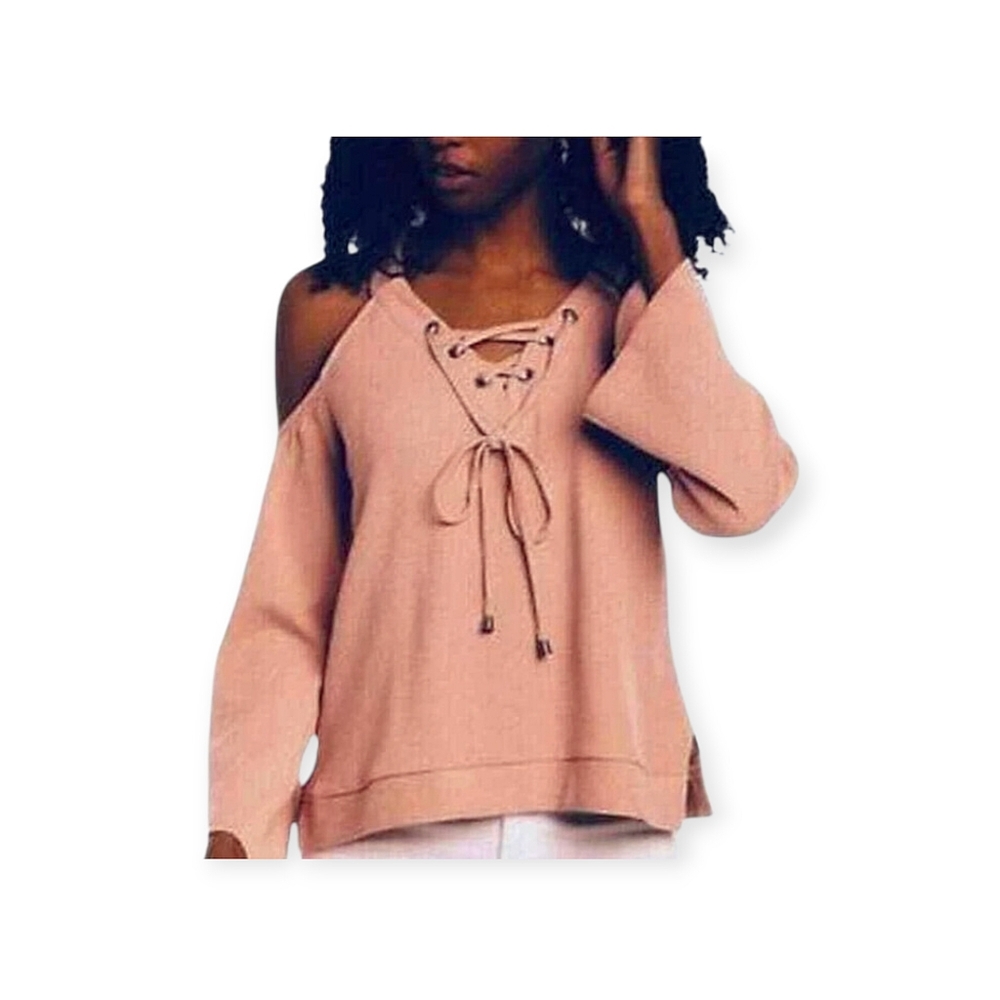 JOA Los Angeles Lace Up Cold Shoulder Bell Sleeves Sweatshirt Blush Large